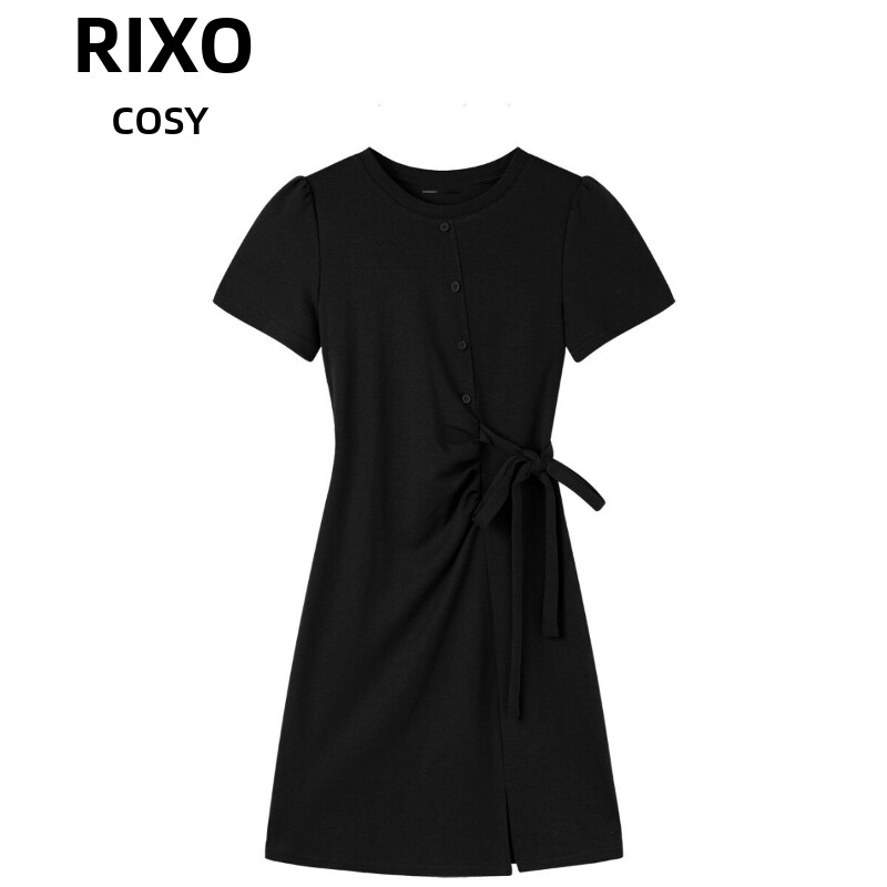 RIXO COSY休闲圆领短袖洋装女夏季款系带设计感收腰中长版A字裙