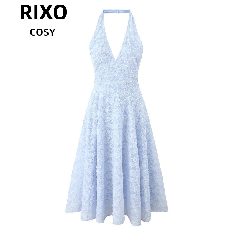 RIXO COSY法式性感低胸V领挂颈式无袖印花洋装女辣妹修身大摆裙