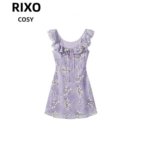RIXO COSY法式紫色碎花洋装女夏季气质收腰显瘦a字短裙洋派裙子