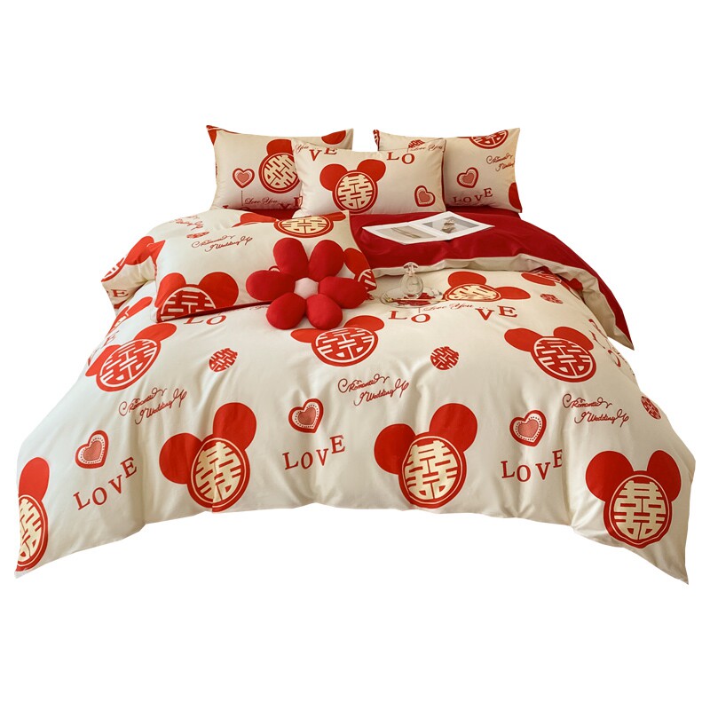 简约全棉结婚四件套p红色床单被套婚庆床上用品新婚房喜被,床上用品,婚庆床品套件,淘宝优惠券,粉丝福利购,淘宝优惠卷