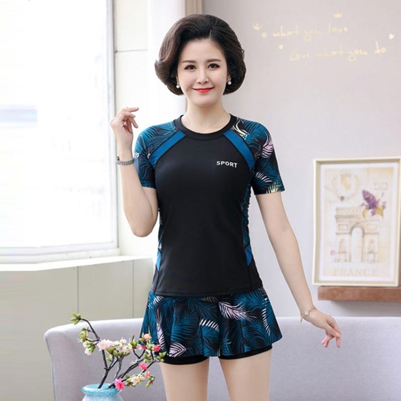 妈妈泳衣女款中老年女士两件式保守遮肚显瘦高N级感泡温泉泳装带