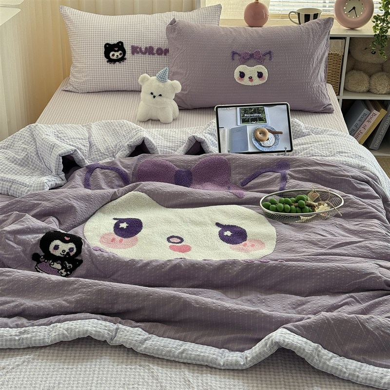 少女心紫色可爱卡通毛o巾绣夏凉被四件套夏季空调被学生夏被三件