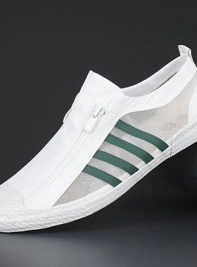 2024a夏季新款网纱布鞋韩版潮流百搭休闲男鞋一脚蹬网面鞋拉链板