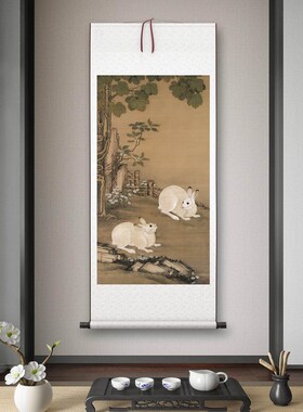 清冷枚《梧桐双兔图》客厅书房茶室装饰画挂画玄关X高清卷轴字画