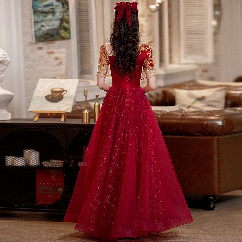 流苏中式敬酒服长裙气高级结婚回门中长款小个子红色订婚晚礼服步