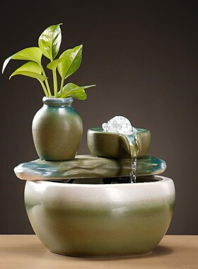 财源滚滚小型流水摆件循环水生财陶瓷桌面装饰客厅玄关古法鱼缸