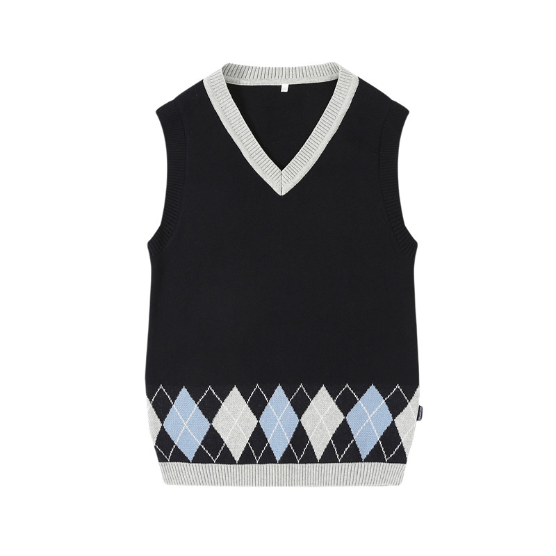 英伦全棉V领男童针织背心校服 学院风男女童春秋藏青蓝色格子马甲
