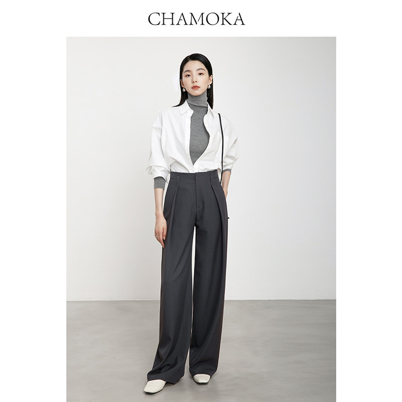 夏莫卡老钱风灰色西装裤宽松垂感直筒裤高级感弯刀裤高腰阔腿裤夏