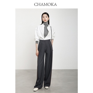 夏莫卡老钱风灰色西装裤宽松垂感直筒裤高级感弯刀裤高腰阔腿裤夏