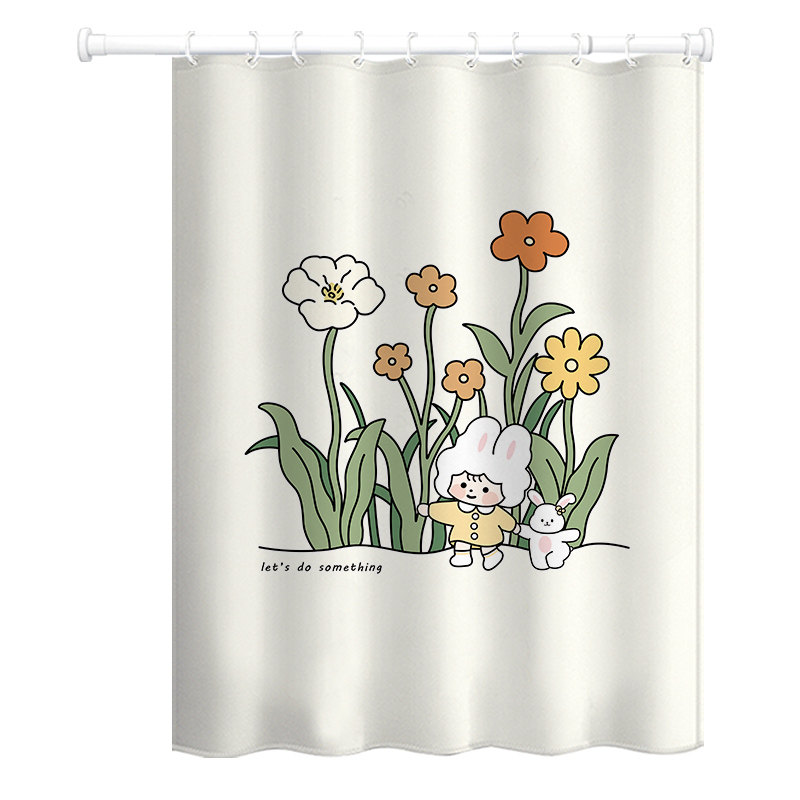 田园插画风浴帘套装免打孔浴室帘高档隔断挂门帘卫生间防水布加厚