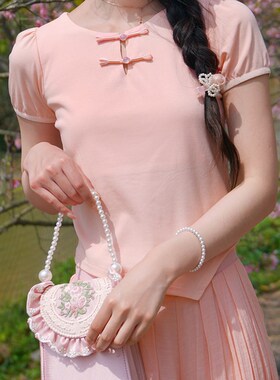 ATAR新中式套装小个子女新款夏季国风盘扣短袖T恤高腰阔腿裙裤子