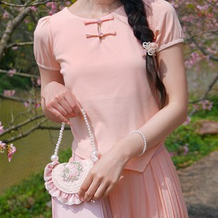 ATAR新中式套装小个子女新款夏季国风盘扣短袖T恤高腰阔腿裙裤子