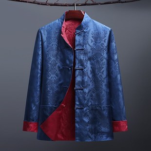 春秋唐装男长袖中老年人双面穿外套爸爸装夹克中国风立领盘扣礼服