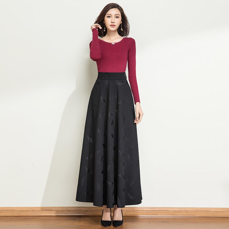 裙四季秋冬黑色半身裙女裙2023新款中老年高腰提花长裙大摆a字裙