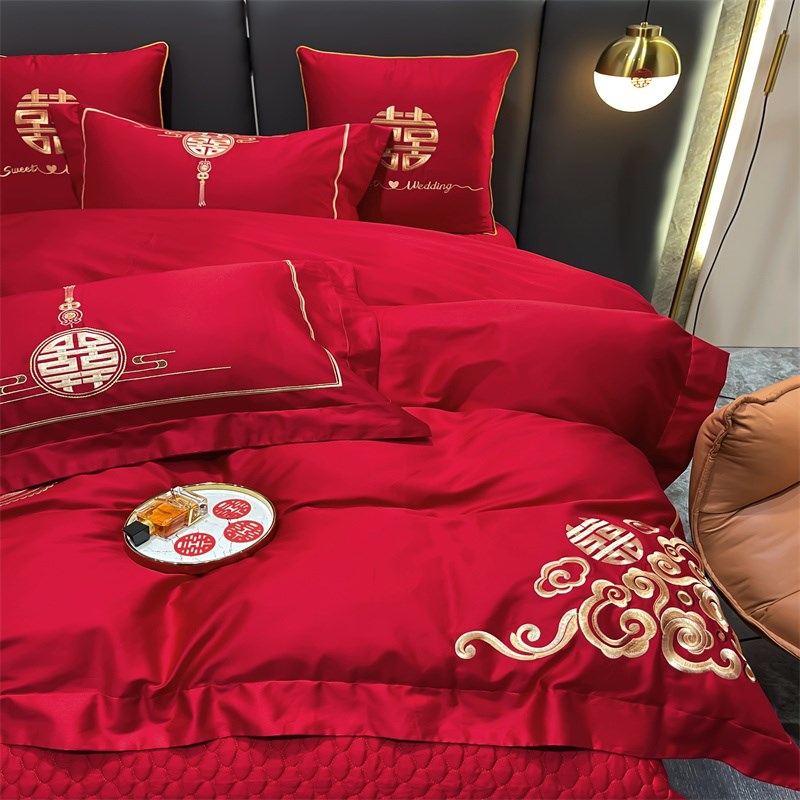高档结婚四件套大红色中式喜字被套纯棉全棉床单婚庆婚房床上用品