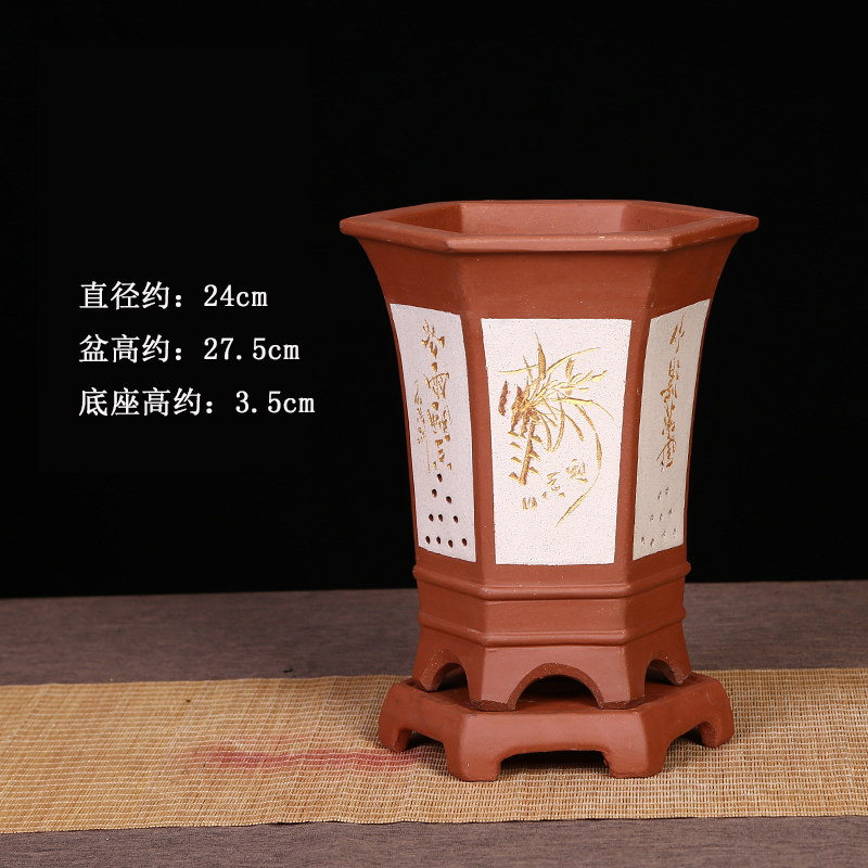 陶瓷兰花盆高腰大号古典透气出汗泥兰花盆精品紫砂花盆六方兰花盆