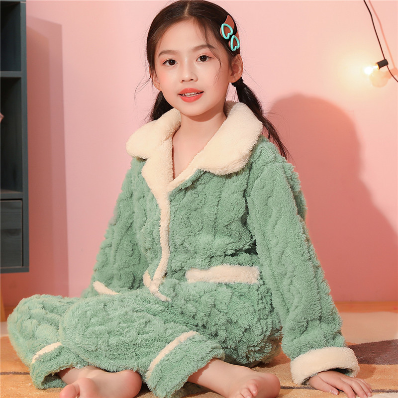 儿童睡衣女加厚加绒法兰绒女童男童宝宝睡衣珊瑚绒套装长袖秋冬款