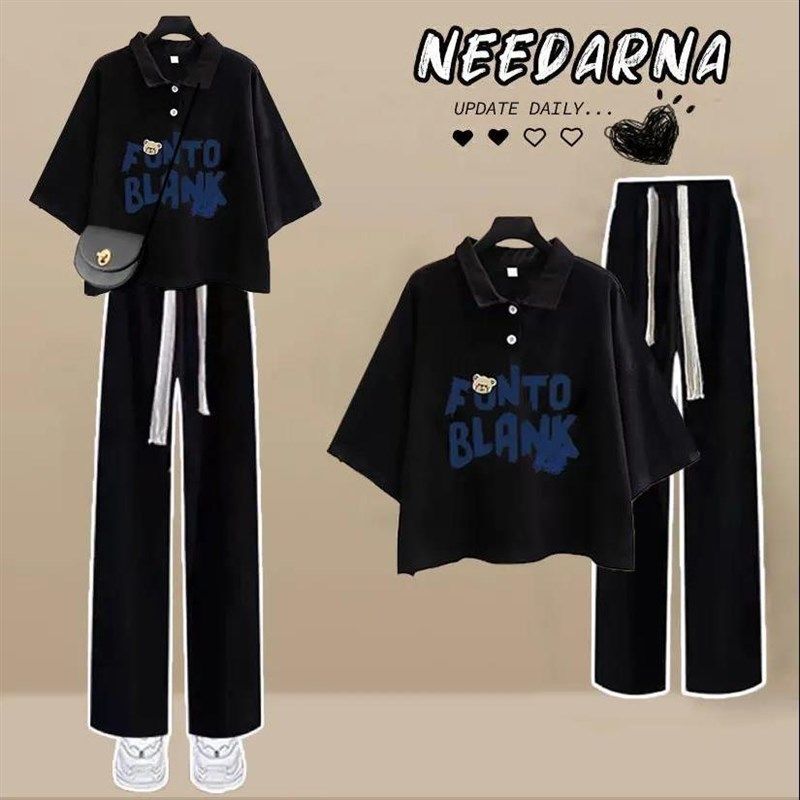 学院风时尚套装女夏季2024新款初中生polo领短袖t恤+阔腿裤两件套,女装/女士精品,时尚套装,淘宝优惠券,粉丝福利购,淘宝优惠卷