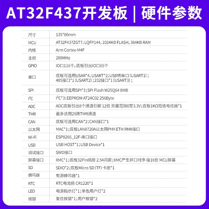野火雅特力AT32F437ZGT7开发板 Cortex-M4内核288MHz 百兆以太网