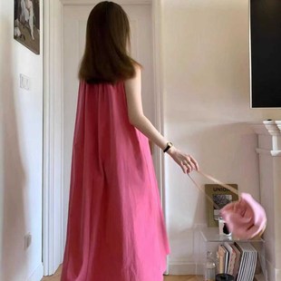 茶歇法式无袖吊带连衣裙女夏季高级感背心A字长裙显白气质树莓红