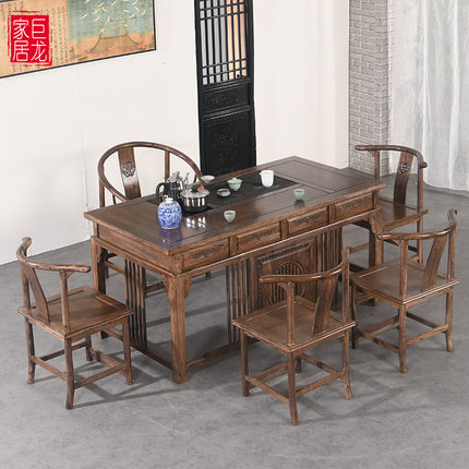中式茶桌六件套实木家具家用茶台老榆木一台两用老榆木多用途茶桌