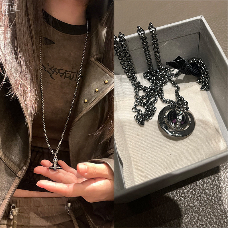 中号枪黑色葡萄紫球飞行士orb项链立体土星星球毛衣链长