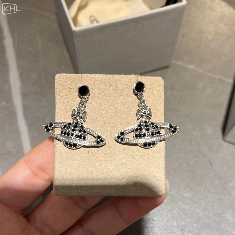 新品黑钻白钻土星耳坠满钻精工平面土星耳环小众设计