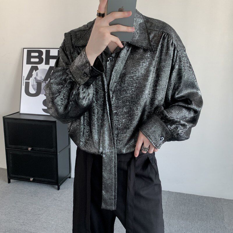 春秋小众贵气闪银亮面衬衫男长袖韩版坠垂感时尚搭V配领带慵懒衬