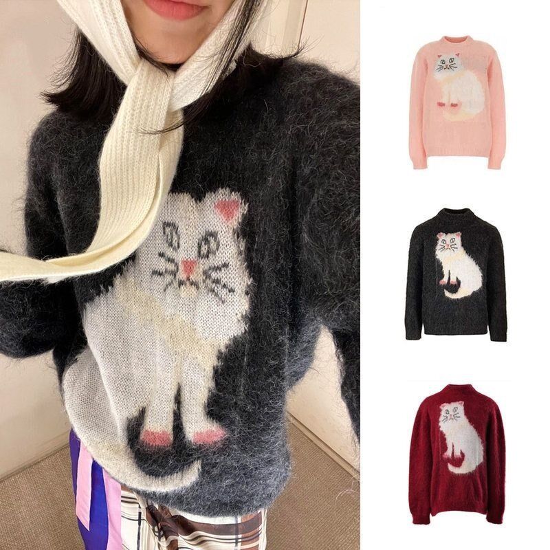 高档马海毛24n秋冬南油买手店新品 小猫咪提花套头宽松毛衣女