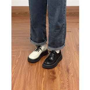 松糕厚底小皮鞋女2024t秋冬季新款白色英伦风圆头系带百搭日系单