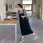 2u025年新款 黑色牛仔背带裙套装 女夏季 韩系减龄休闲条纹T恤两件套