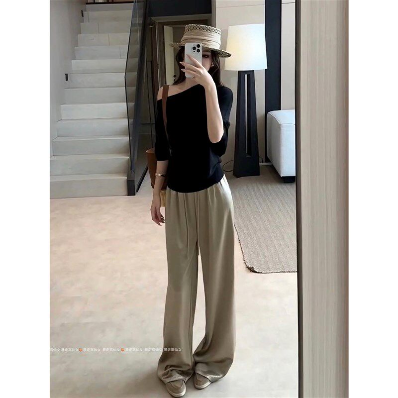 175高个子女生加长老钱t休闲仿醋酸夏慵懒抽绳松紧腰阔腿显瘦长裤