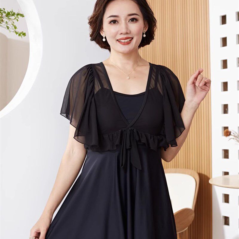 游泳衣女士中老年遮肚显瘦保守大码中年妈L妈黑色新款温泉连体泳