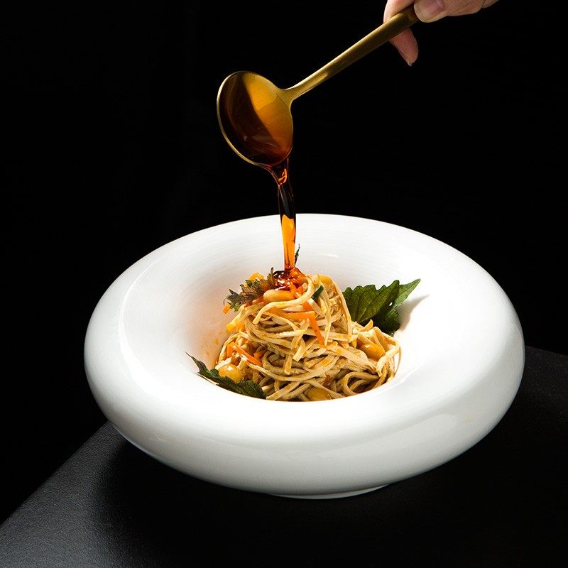 白色圆形凹型异性盘汤盘中式纯色简洁饭厅酒店用品V陶瓷盘子冷盘
