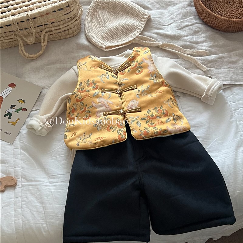 婴儿拜年服e冬季儿童金丝提花夹棉马甲套装男女宝宝中式保暖新年