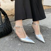 2024秋季 百搭高跟一字扣包头凉鞋 f新款 漆皮T字带尖头细跟中跟单鞋