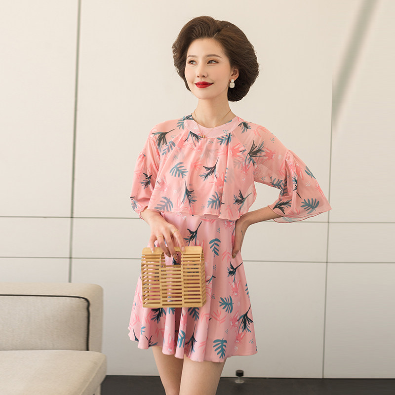 妈妈泳衣女遮肚显瘦保o守连体裙式中老年泡温泉2022新款大码游泳