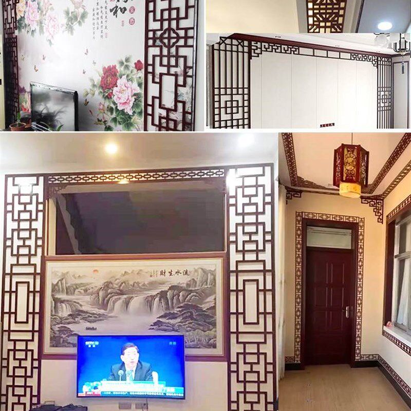 中式棚顶装饰木雕隔n断镂空雕花回字纹线条网红天花板装饰PVC花格