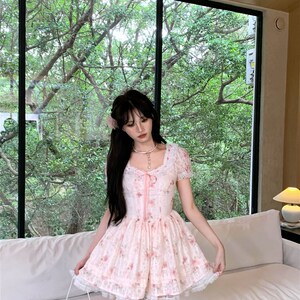越韩小鱼 粉雾芍m药 法式方领少女掐腰树影感碎花网纱蓬蓬裙