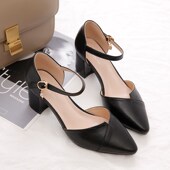 高跟鞋 包头凉 粗跟尖头一字带仙女风中空单鞋 女2025年新款 春t夏季