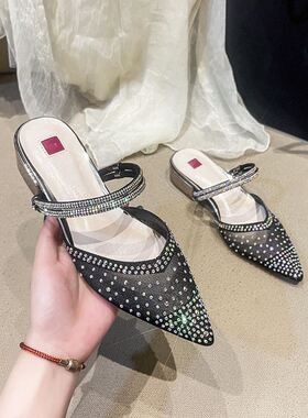 大码女鞋41一43包头凉拖鞋粗跟网A纱仙女一字带平底凉鞋小码31323