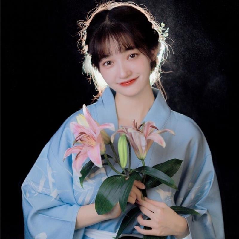 神明少女和服夏季日系改良和风浅蓝H色竹叶长版火大会浴衣洋装