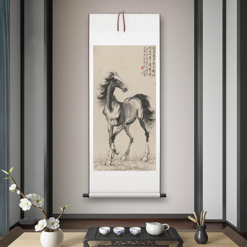 近现代徐悲鸿《马l》客厅书房茶室装饰画挂画玄关水墨高清卷轴字