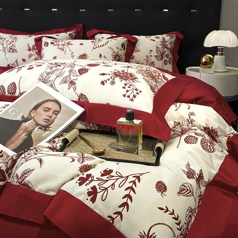 2025新款婚庆大红色100支长绒棉四件套全棉印U花结婚床上用品4,床上用品,婚庆床品套件,淘宝优惠券,粉丝福利购,淘宝优惠卷