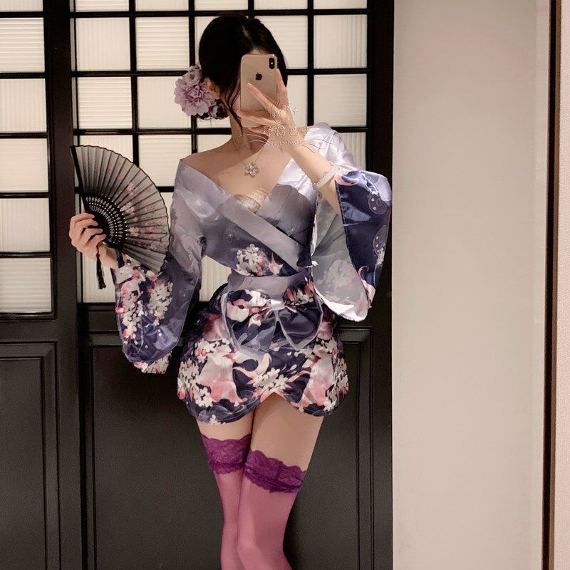 花间舞町*日系V领蝴蝶结腰封和服荷叶G花边约会氛围睡裙开襟睡裙