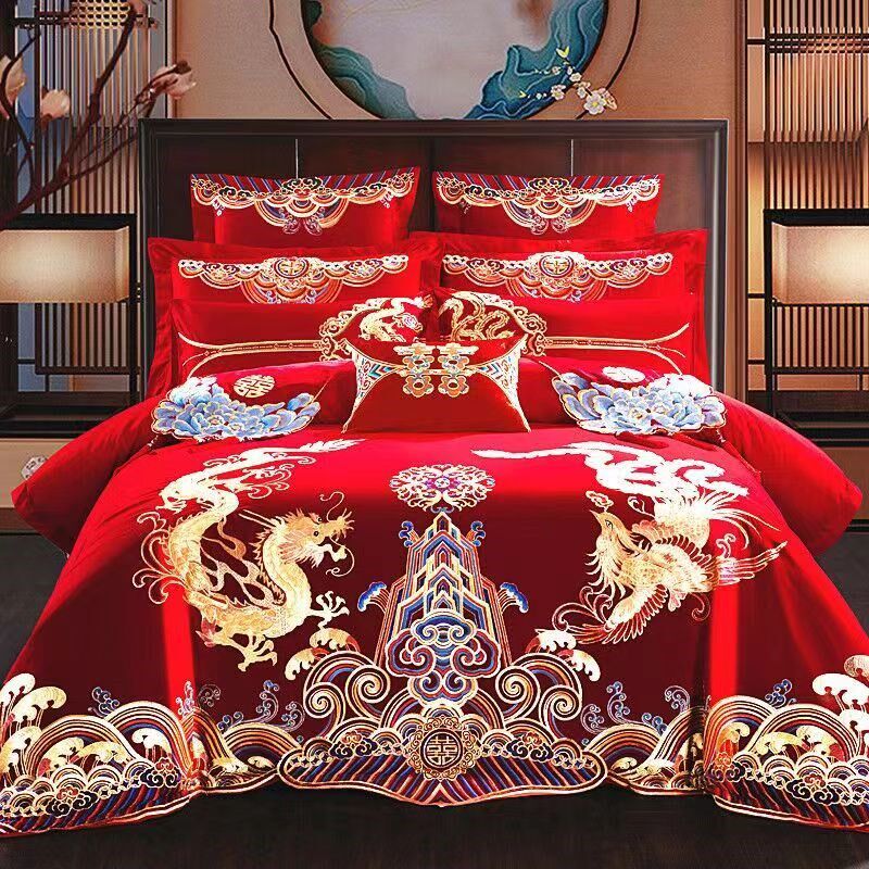 婚庆四件套大红全棉刺绣结婚龙凤D喜庆中式套件新婚房床上用品,床上用品,婚庆床品套件,淘宝优惠券,粉丝福利购,淘宝优惠卷