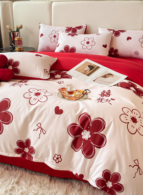简约100c支婚庆红色四件套印花结婚被套床单婚嫁新房喜被床上用品