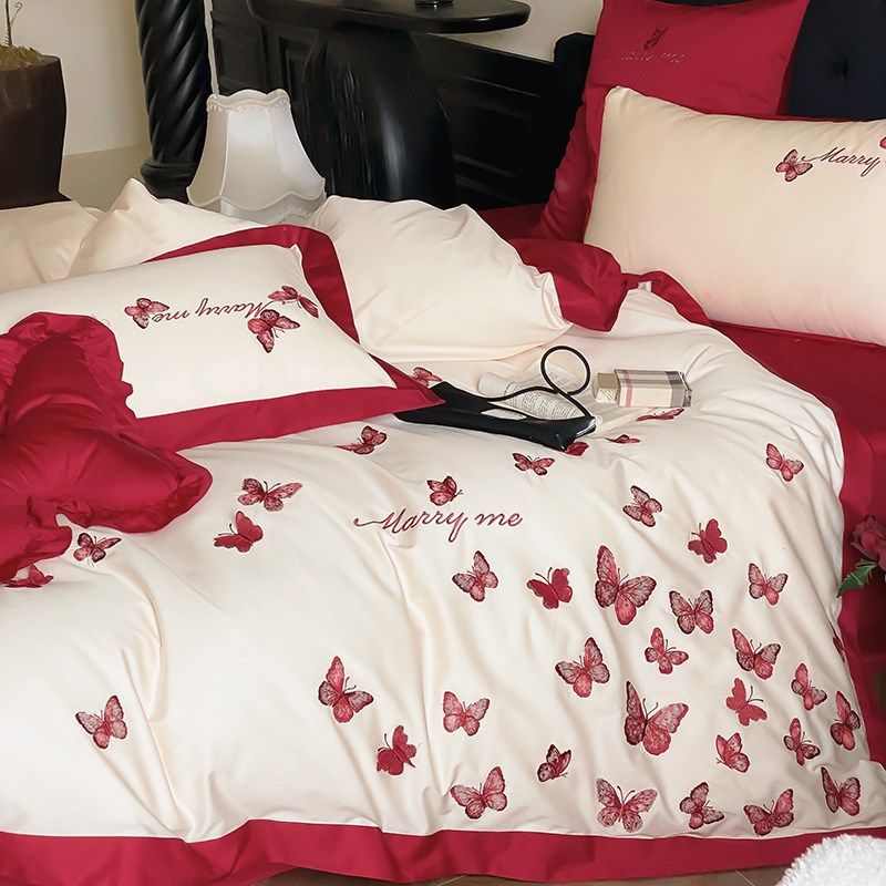 金喜鸟婚庆蝴蝶被套结婚床上用品四件套红色喜庆纯棉全棉2025新款