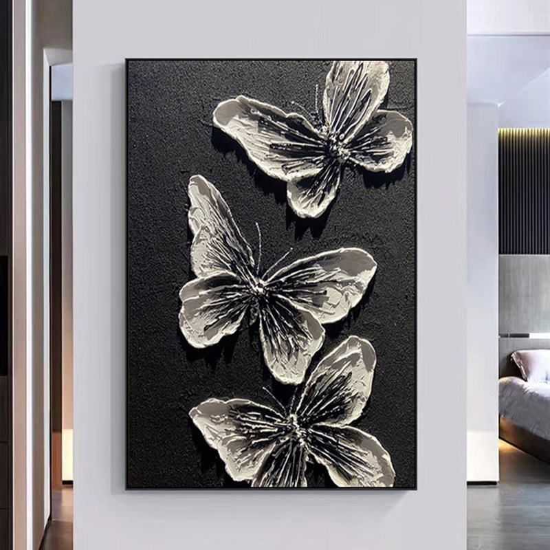 纯手绘抽象肌理蝴蝶大芬村油画玄关装饰画立体客厅背景墙黑白挂画图片