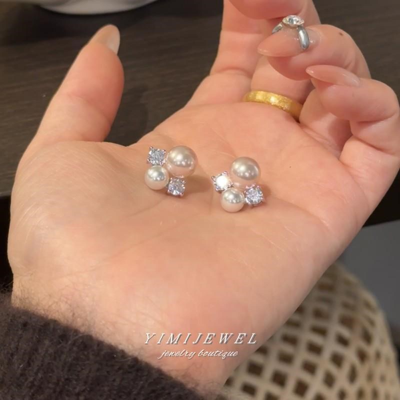 「粉雾海」超闪锆石法式珍珠耳钉轻奢小众高级施家粉光珍珠耳夹女